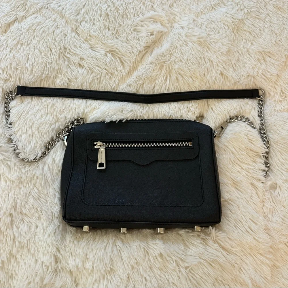 Rebecca Minkoff Avery Black Saffiano Leather Crossbody Bag Chain Strap Zip Top